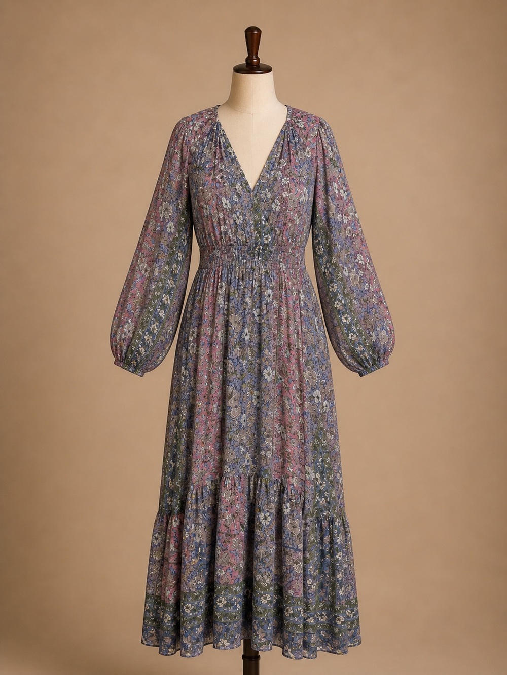 Floral Puff-Sleeve Midi Dress in Lavender Blue